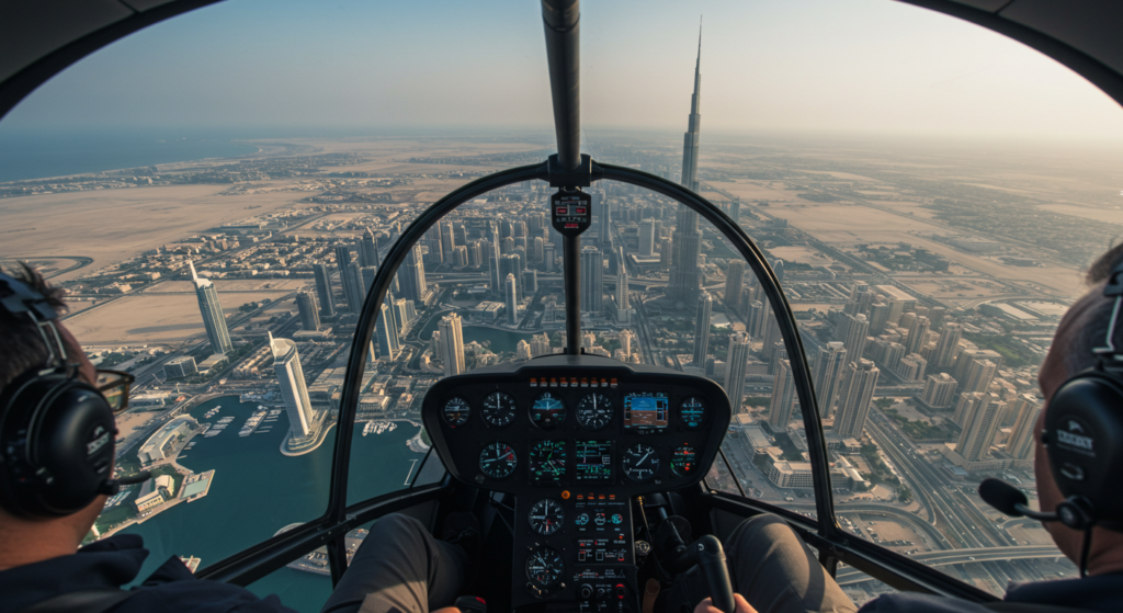 Vue de l'intérieur d'un hélicoptère en train de survoler Dubai