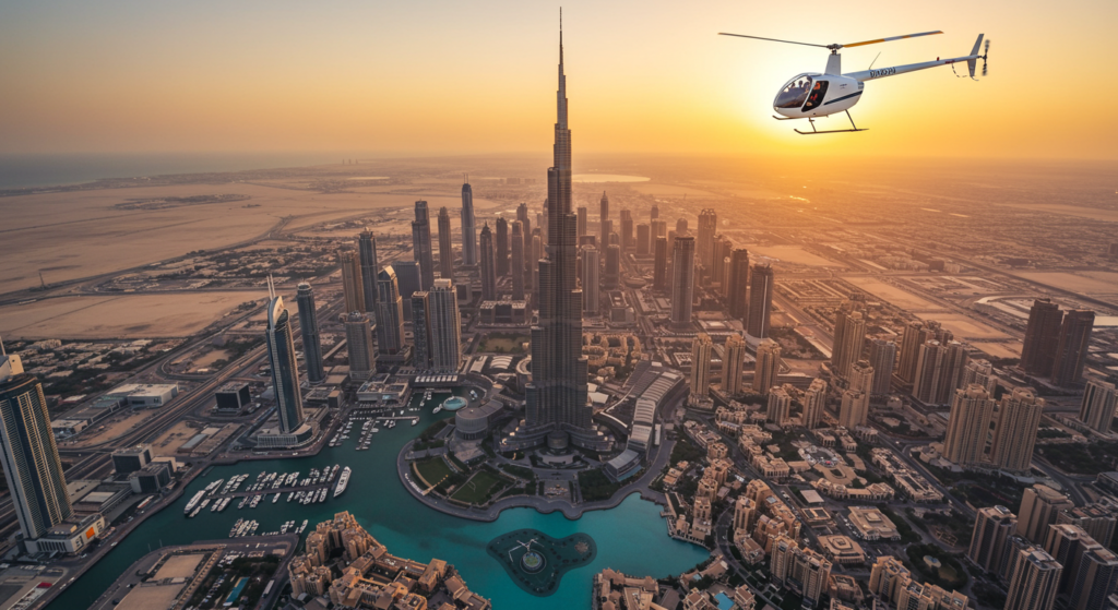 Un hélicoptère blanc survole Dubai proche de la tour Burj Khalifa