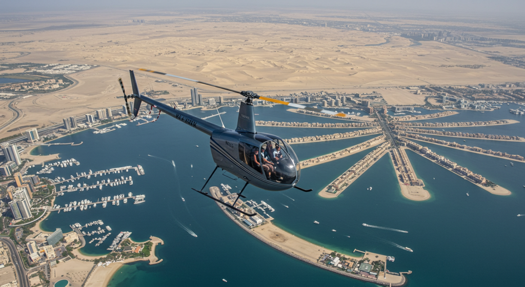 Un hélicoptère gris survole le Palm Jumeirah à Dubai