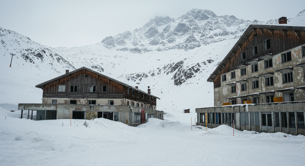 Une station de ski enneigée abandonnée en moyenne montagne en France 