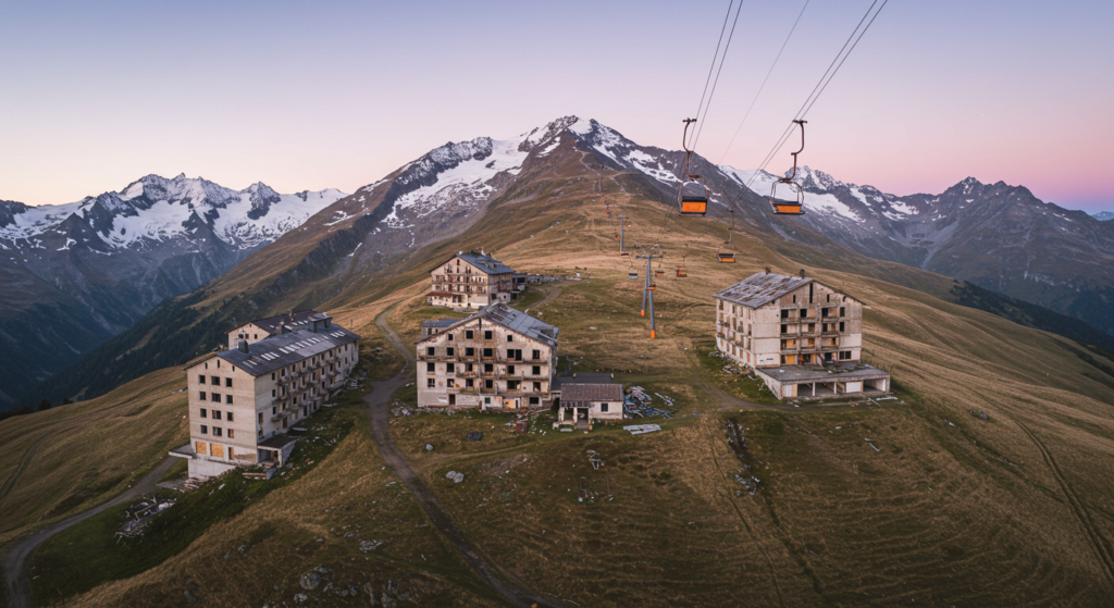 Une station de ski abandonnée en moyenne montagne en France 