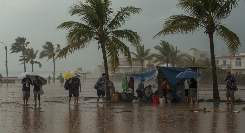 Des touristes les pieds dans l'eau sous la pluie se réfugient sous des parapluies et des tentes