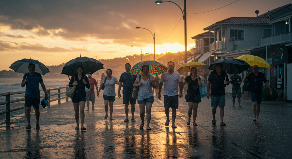 Des touristes les pieds dans l'eau sous la pluie marchent en bord de mer au coucher du soleil