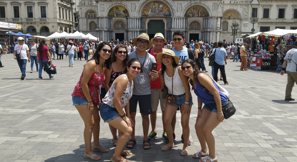 Groupes de touristes posent sur une place en Italie