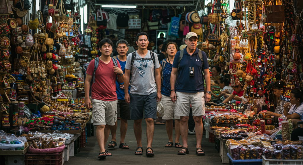 Groupes de touristes marchent dans une allée d'un marché asiatique