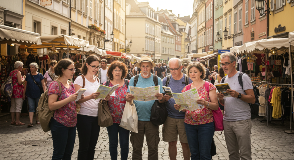 Groupes de touristes regardent une carte pour chercher des moonuments