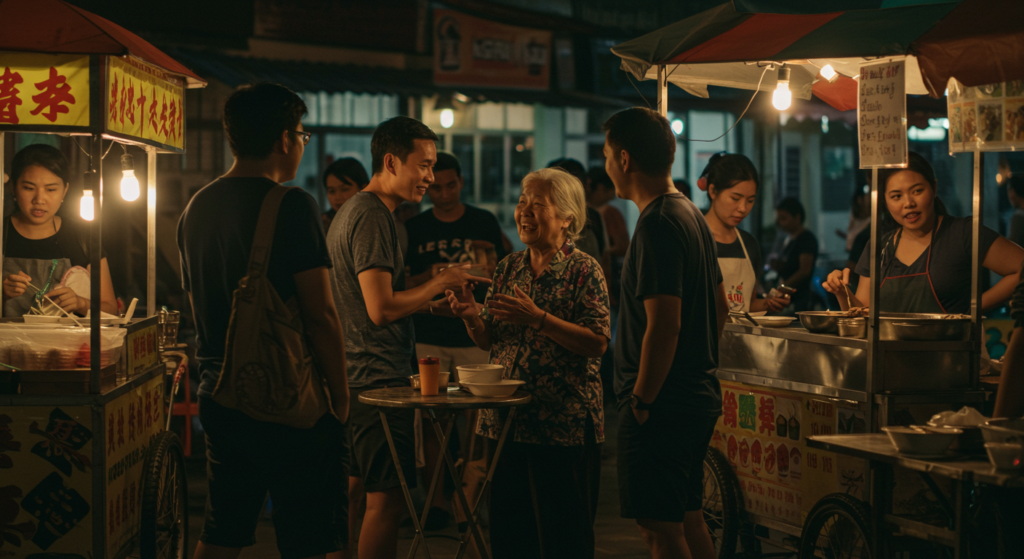 Un local parle et sourit à un groupe de touristes