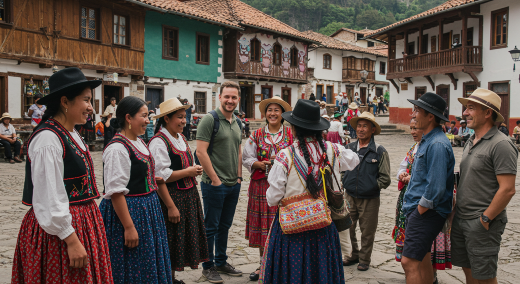 Un groupe de touristes parle à un local