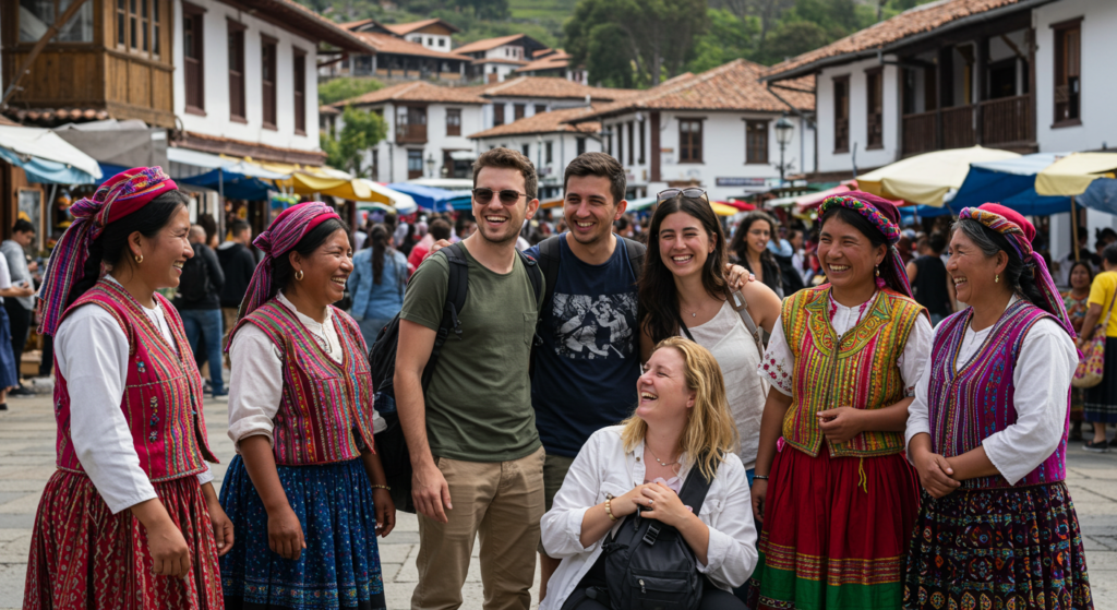 Un groupe de touristent souriants rencontrent des locaux asiatiques