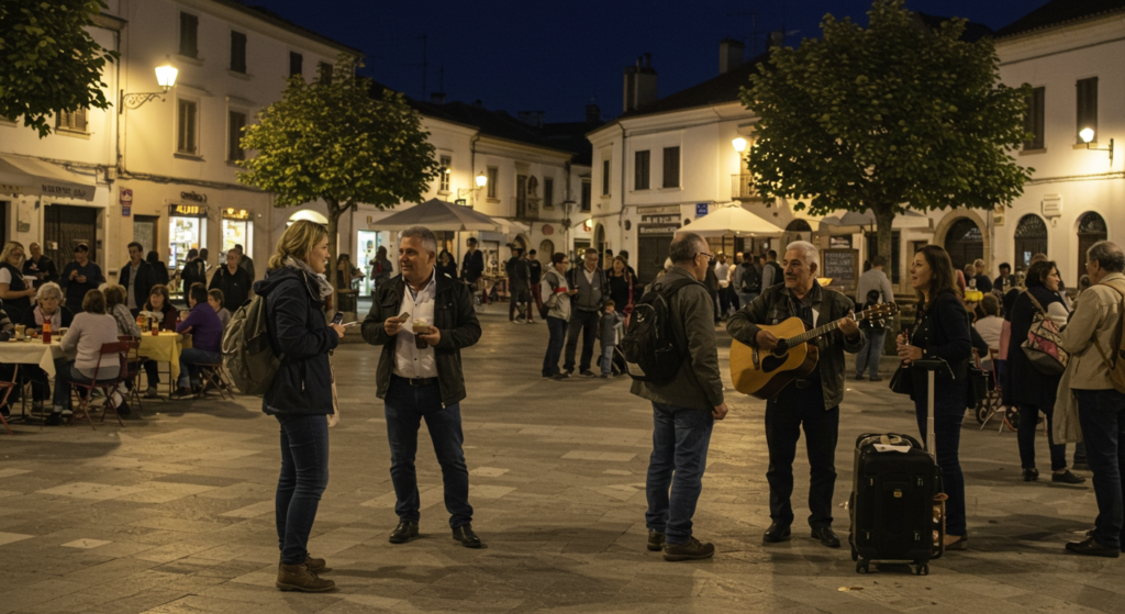 Un groupe de touristent souriants rencontrent des locaux sur une place en Italie