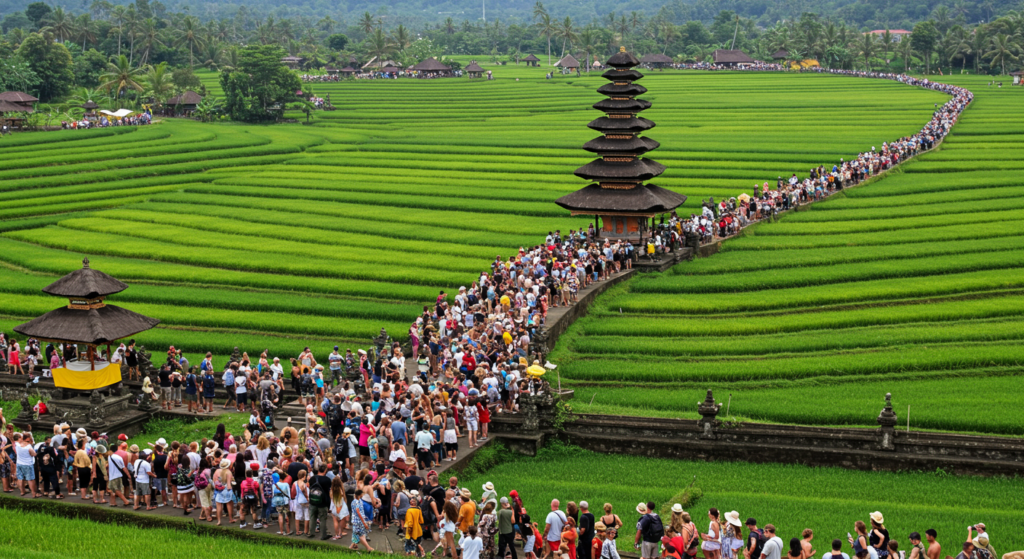 Horde de touristes dans une rizière en Indonésie