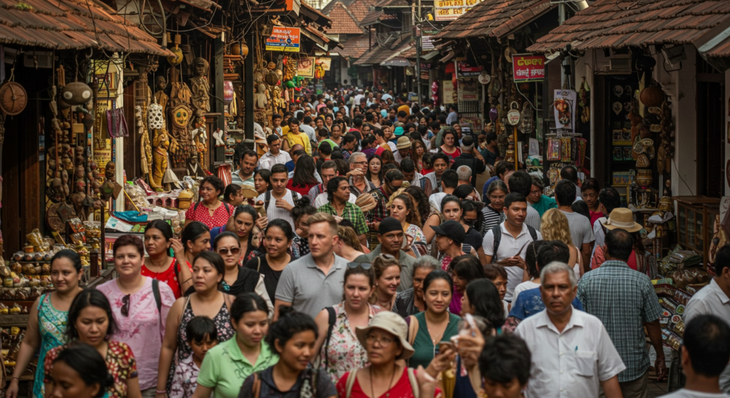 Horde de touristes sur un marché en Inde