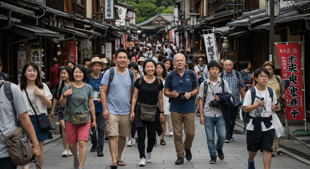 Horde de touristes sur un marché au Japon