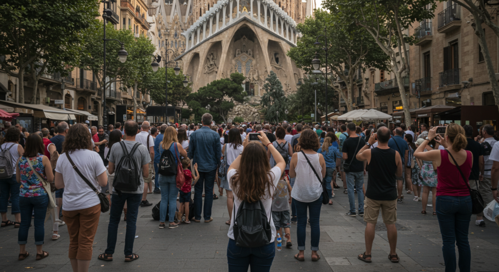 Horde de touristes prennent des photos d'un monument à Barcelone