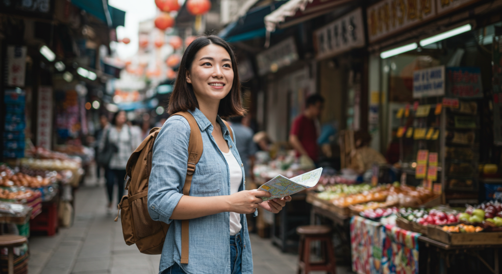 Une jeune touriste souriante avec une carte sur un marché asiatique