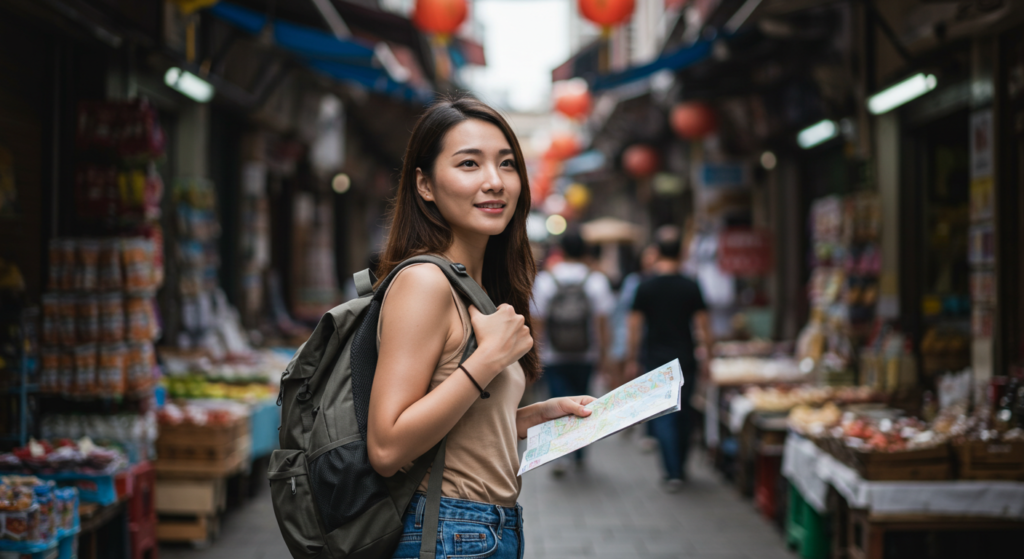 Une jeune touriste souriante avec une carte et un sac à dos sur un marché asiatique