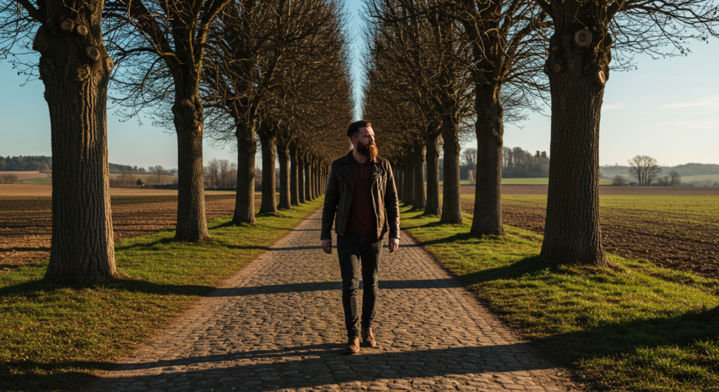 Un jeune homme barbu marche sur une route pavée à la campagne à côté d'arbres