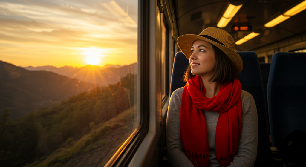 Une jeune femme assise dans un train regarde le paysage