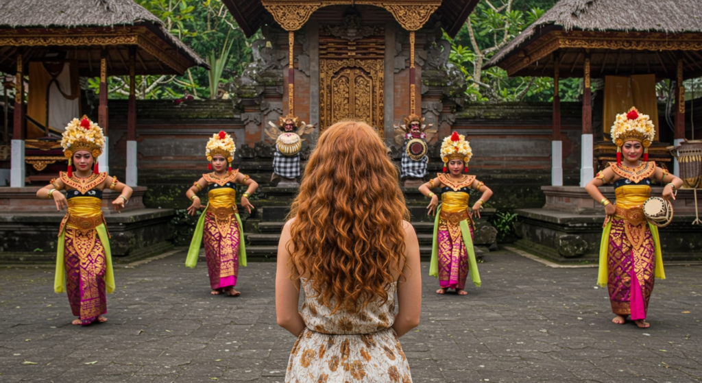 Festival de danse traditionnelle devant un temple à Bali