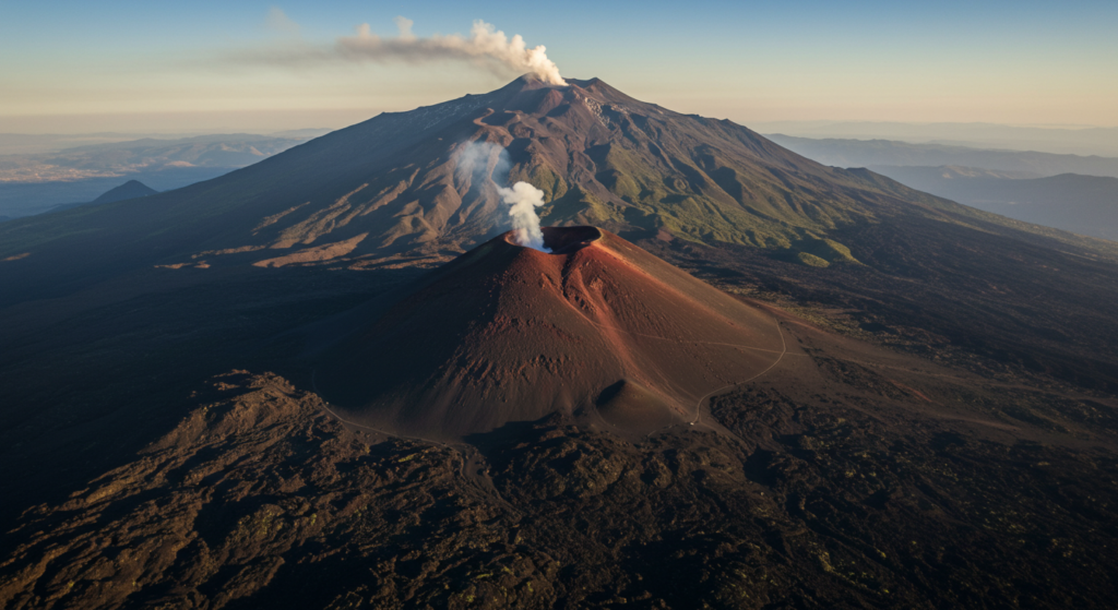 mont Etna dont cratère en fumée vue de haut 