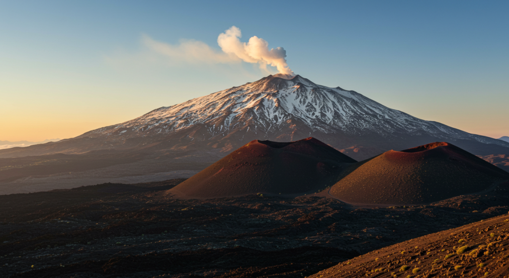 mont Etna dont cratère en fumée vue d'en bas