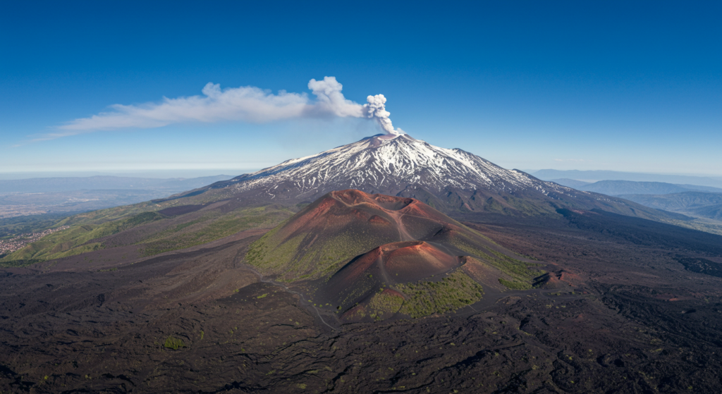 Mont Etna enneigé avec cratère en fumée vue d'en haut