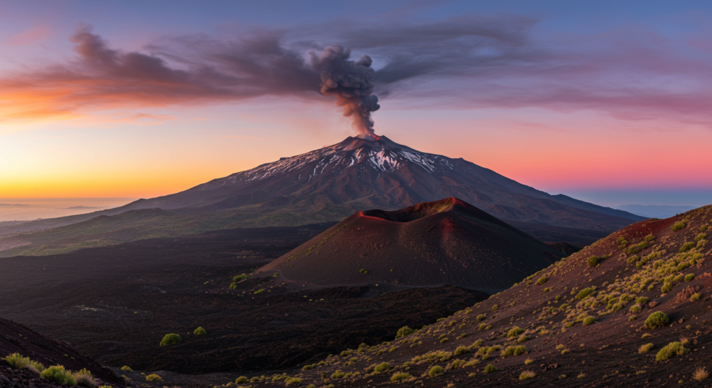 Mont Etna vue de loin crache de la fumée