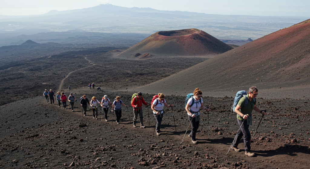 Groupe de randonneurs en côte sur le mont Etna