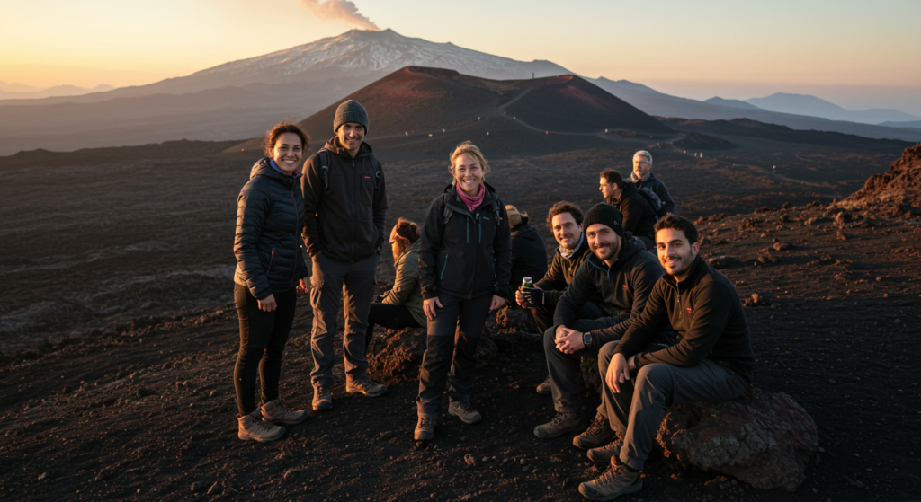 Groupe de randonneurs posent devant le mont Etna