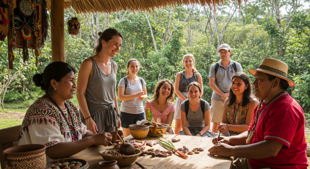 Des touristes rencontrent des locaux autour d'une table pendant une visite solidaire