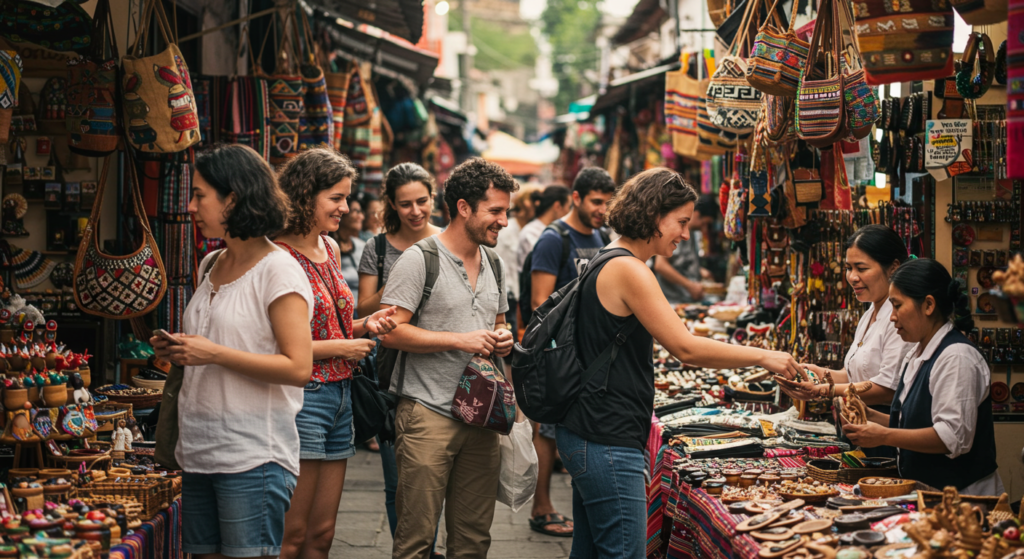 Des touristes achètent des produitss sur un marché asiatique