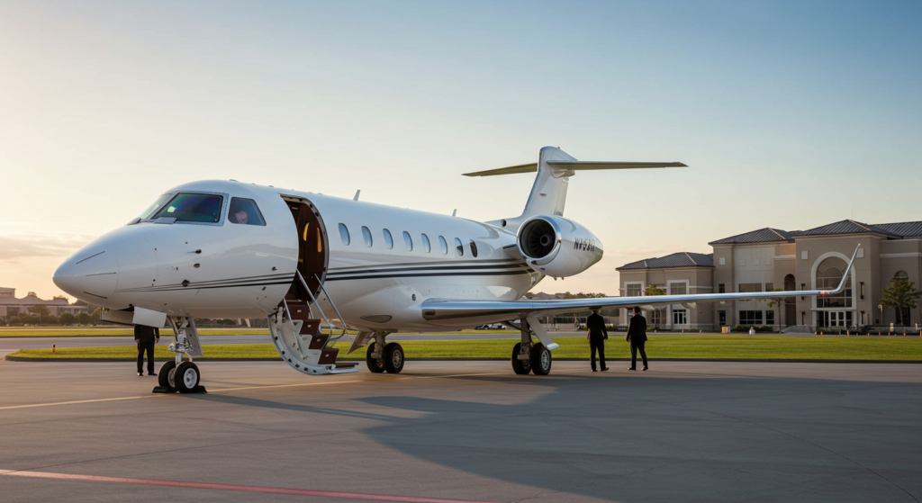 Jet privé sur le tarmac devant un aérodrome