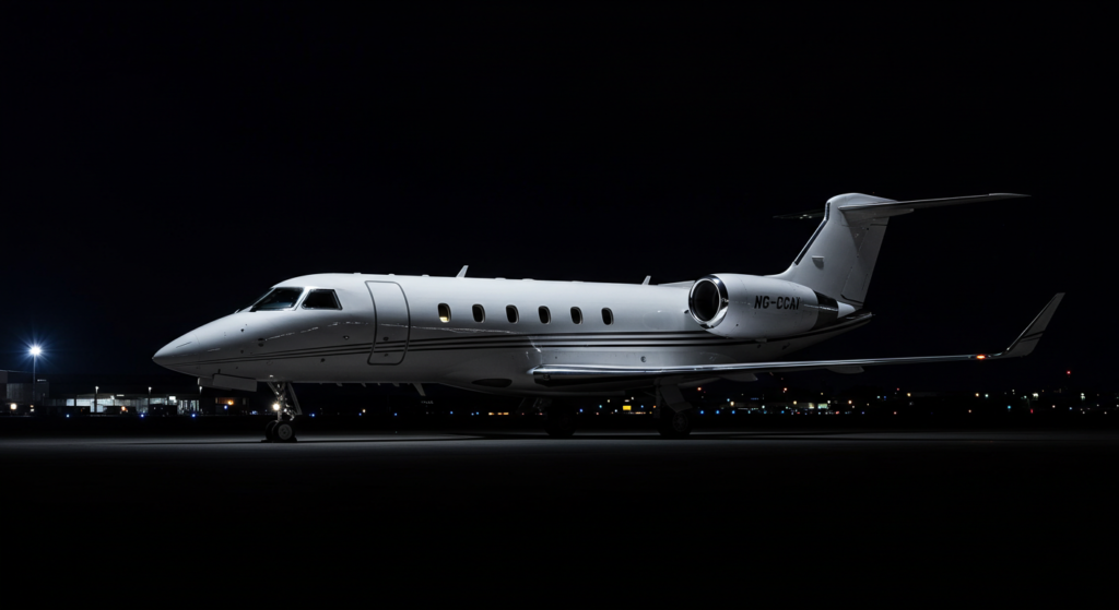 Jet privé sur le tarmac en pleine nuit