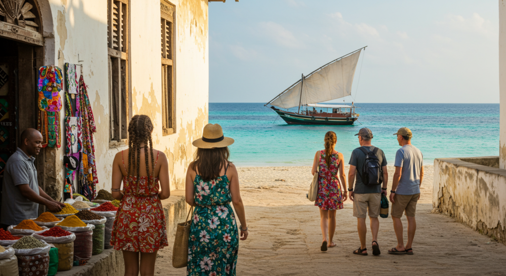 Touristes vue de dos sur la plage de Zanzibar