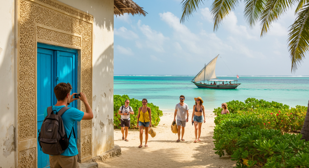 Touristes rentrent de la plage à Zanzibar