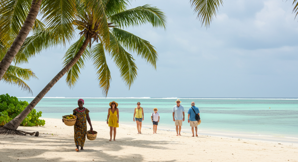 Touristes sous des palmiers sur une plage à Zanzibar