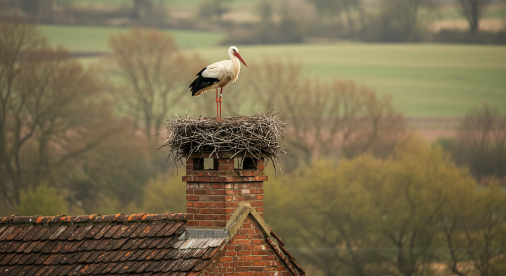 Cigogne sur son nid au dessus d'une cheminée de maison