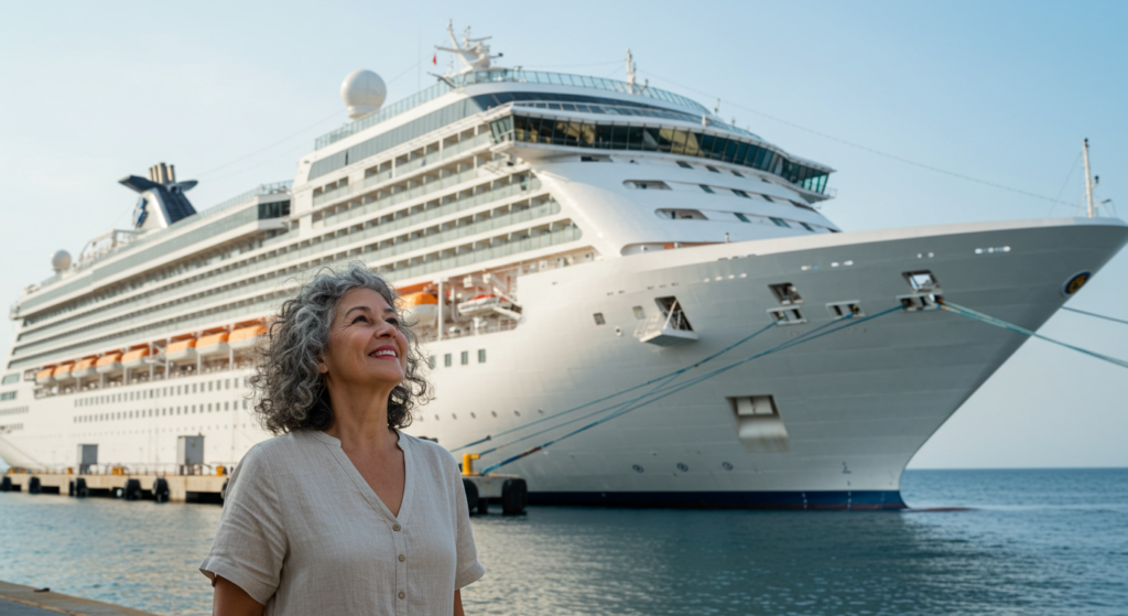 Une touristee senior souriant devant un bateau de croisière regarde le ciel