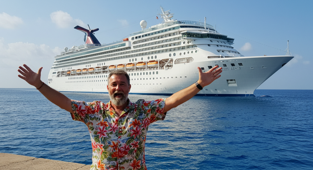 Un touriste senior souriant lève les bras devant un bateau de croisière