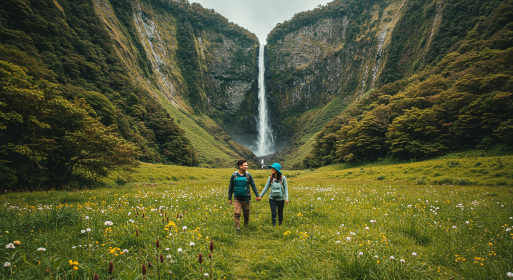 Couple de voyageurs devant une cascade en Nouvelle-Zélande