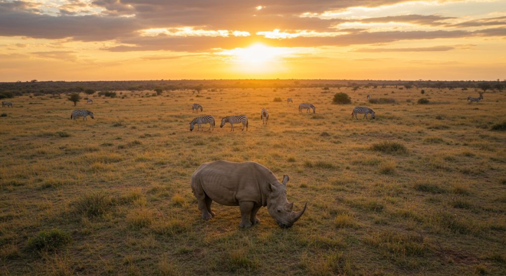 Rhinocéro et zébres à Thula Thula en Afrique du Sud