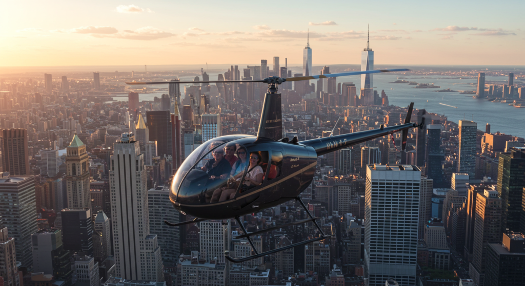 Helicoptère noir au dessus de la ville de New York