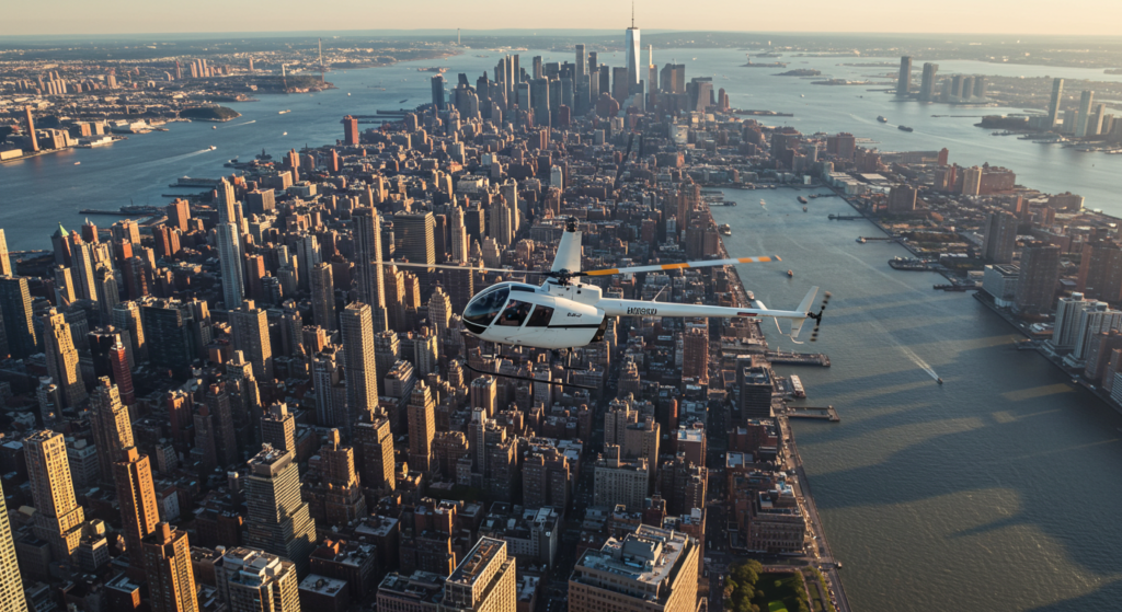 Helicoptère blanc au dessus de la ville de New York