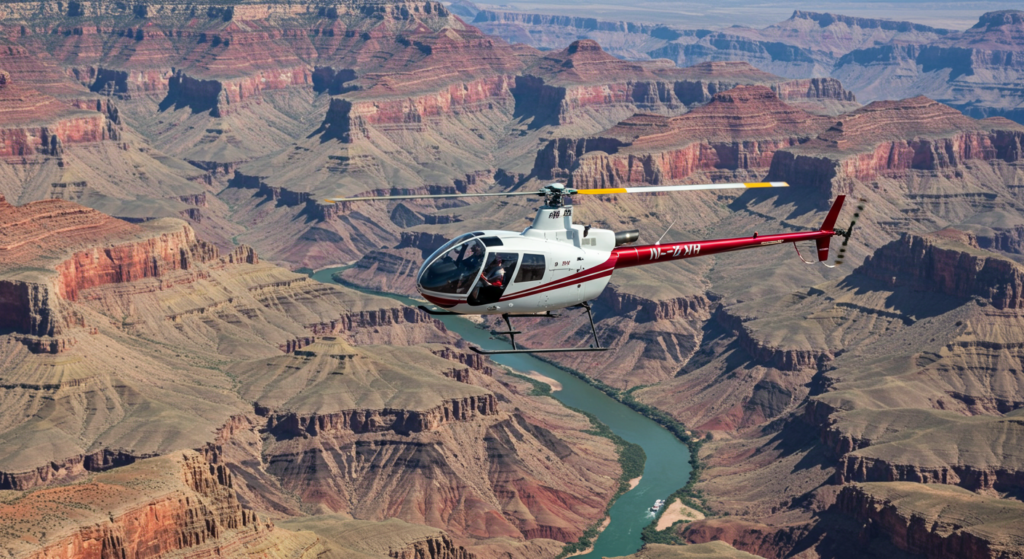 Helicoptère blanc et rouge au dessus du Grand Canyon aux USA