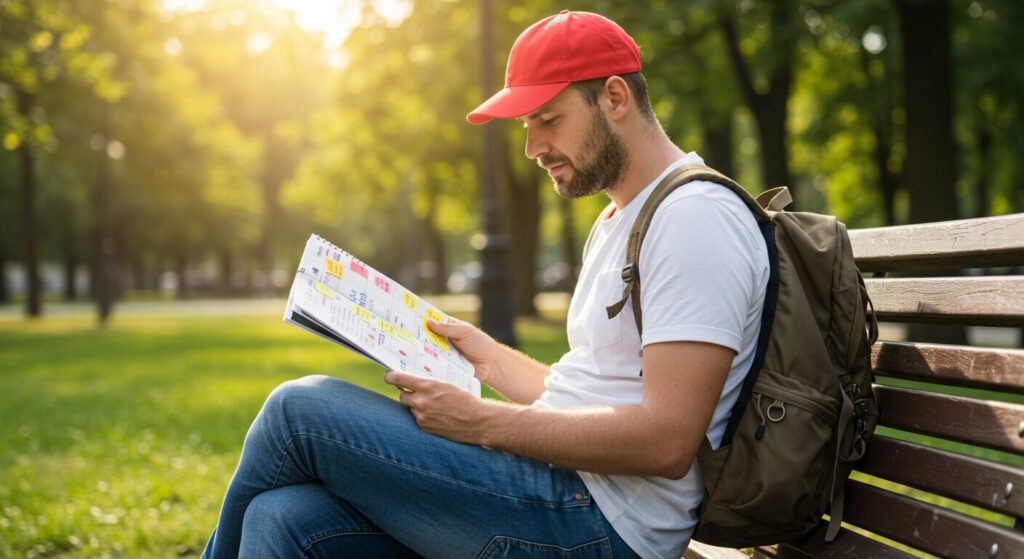 Un jeune homme assis sur un banc dans un parc regarde son calendrier