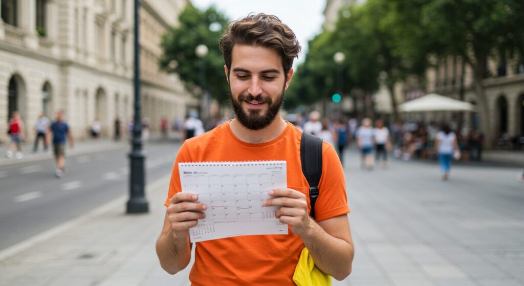 Un jeune homme dans la rue regarde son calendrier