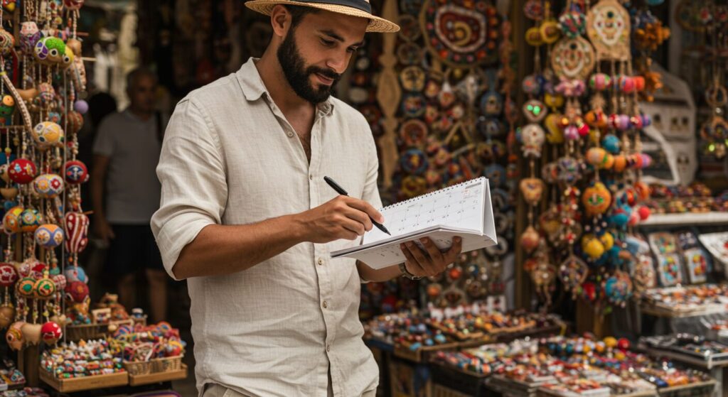 Un jeune homme sur un marché asiatiqueécrit sur son calendrier