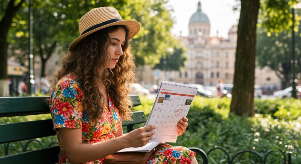 Une jeune femme assise sur un banc dans un parc regarde son calendrier