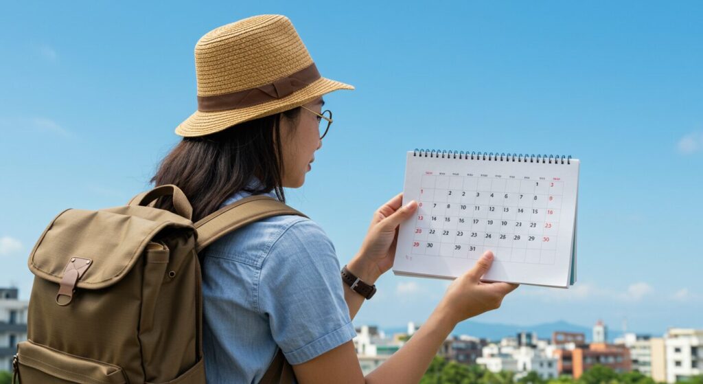 Une jeune femme vue de dos regarde et tient son calendrier