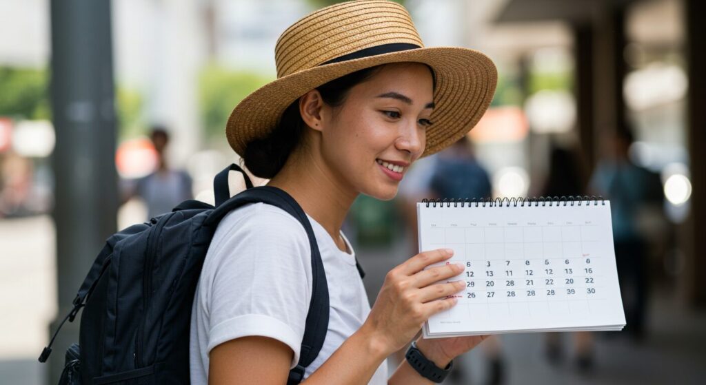 Une jeune femme dan la rue tient son calendrier dans la main